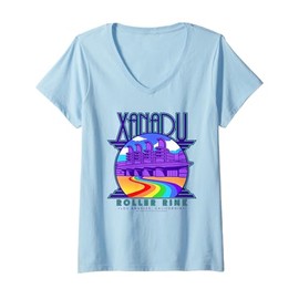 Womens Olivia Newton-John Xanadu Roller Rink Color Rainbow Logo V-Neck T-Shirt