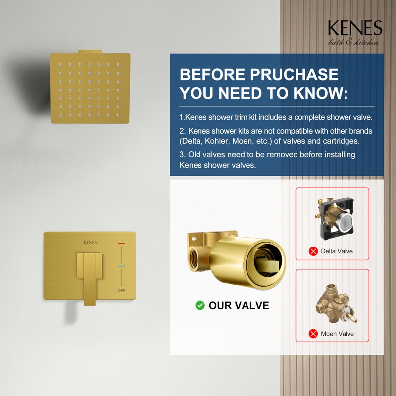 KENES Modern Brushed Gold Shower Faucet, Square Shower Trim Kit