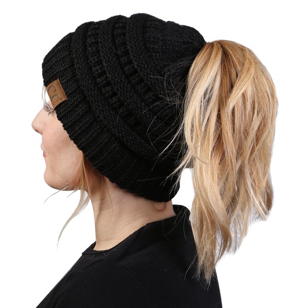 Funky Junque Solid Ribbed BeanieTail Messy Bun High Ponytail Beanie - Black