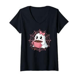 Womens Cute Ghost with Pumpkin, Bow and Coffee Spider Web V-Neck T-Shirt