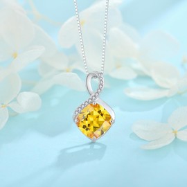 FJ Infinity Chain Women's 925 Sterling Silver Square Princess Cut Necklace Pendant Birthstone Jewellery Gifts for Women, Cubic Zirconia, Citrine