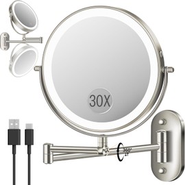 9'' 30X/1X Wall Mounted Lighted Makeup Mirror, Height Adjustable Double Sided 5000mAh Rechargeable Magnifying Bathroom Mirror with Light, 3 Color Modes Touch Dimmable Extended Arm 360 Rotation