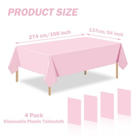 4 Pack Light Pink Plastic Table Cloth Disposable Rectangle Tablecloth 54 x 108 Inch, Light Pink Plastic Table Covers for Birthday Wedding Banquet Picnic Holiday Party Decorations