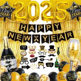 New Year's Eve Decoration 2025 XXL, Black Gold New Year Decoration 2025, Happy New Year Garland, Decoration New Year's Eve Party 2025 with Balloons, Photo Prop, Glitter Curtains, Accessory for New