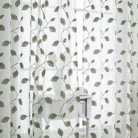 OVZME Sage Green Sheer Curtains 63 Inch Length 2 Panels, Leaf Embroidery Linen Textured Light Filtering Sheer Curtains for Dining Room Bedroom, Rod Pocket Farmhouse Window Drapes, 2x40Wx63L Inches