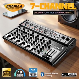 7-Channel Professional Audio Mixer – USB Digital Sound Board with 16Bit DSP, 48V Phantom Power, Multi-Input (XLR, 3.5mm, RCA), DJ Mixer for Home, Studio, Karaoke
