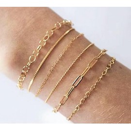 LEXODY Gold Bracelets for Women 14K Gold Herringbone Bracelets Sets for Women Dainty Herringbone Jewelry Stackable Figaro Chain Paperclip Link Cute Anklet Bracelet Pack Gifts for Women Girls
