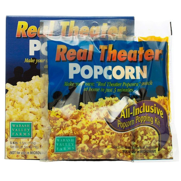 All in One Popcorn Packs - Wabash Valley Farms All Inclusive Popping Kits, Real Theatre Popcorn, Popcorn Kernels for Popcorn Machine, All in One Popcorn Kernels, Popcorn Kit, 1 Pack 5 Kits