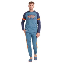 SORBETTO Men's stylish pyjamas as long pyjamas or short shorty made of cotton, Long sleeve light blue/orange