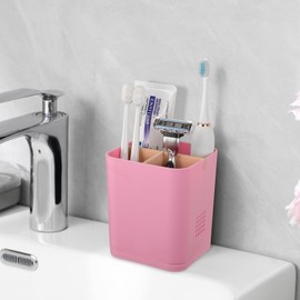 Electric Toothbrush Holder 3 Slots Tooth Brushing Holder with Bamboo Dividers for Bathrooms, Plastic Toothbrush and Toothpaste Organizer for Shower, Countertop, Vanity, Pink