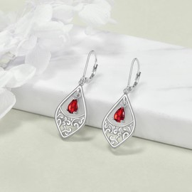Filigree Earrings Sterling Silver Created Ruby Dangle Drop Dangly Leverback Earrings Valentine's Day Jewellery Gifts for Women