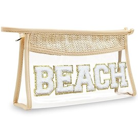 Chenille Letter Clear Travel Zipper Pouch Nylon Makeup Bag, Preppy Makeup Bag Clear Cosmetic Toiletry Bag, Water-proof Makeup Travel Pouch Snack Bags 