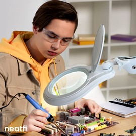 Neatfi LED Magnifying Lamp 1,200 Lumens with Clamp – 5” 8-Diopter Glass Lens, Dimmable Task Light | Adjustable Arm | Reading, Sewing & Crafting (White, 8 Diopter)