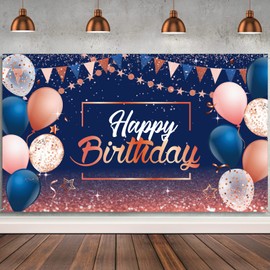 Happy Birthday Decorations Backdrop, Glitter Birthday Backdrop Sign, Happy Birthday Banner, Birthday Party Supplies Photo Background for Children Men Women, 72.8 x 43.3 Inch (Rose Gold and Navy Blue)