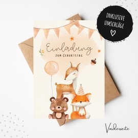 MeinBaby123® 10 Invitation Cards Children's Birthday Boys and Girls Birthday Invitations for Children Forest Animals Boho Includes 10 Envelopes Premium Quality (Cute Animals V4)