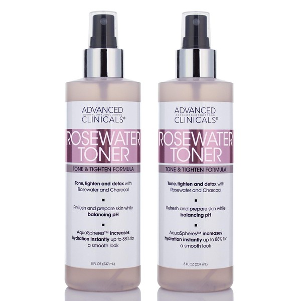 Advanced Clinicals Collagen + Rosewater Facial Mist Toner W/Charcoal & Aloe Vera. Alcohol-Free PH Balancing Formula Detoxifies & Hydrates Skin Improving Overall Skin Tone, Face Mist, 8 Fl Oz, 2-Pack