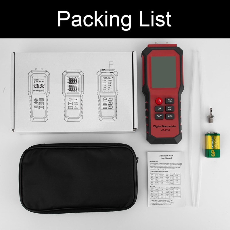 YZT Digital Manometer - Air, Gas Pressure Meter with Differential