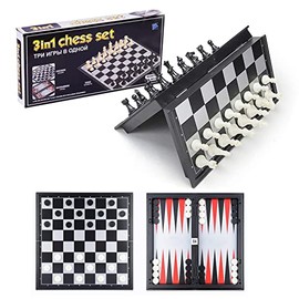 TIME4BUY Juego de Mesa 3 en 1 con Ajedrez Magnético, Checkers y Backgammon, Ajedrez Plegable con Tablero de Chess, Juego de Ajedrez Portatil y...     