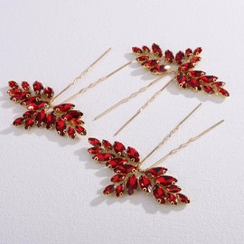 Missgrace Women Silver Red Green Simple Rhinestones Hair Pins Headpiece Bride Wedding Prom Party Hair Accessories for Women Set of 3 (Red)