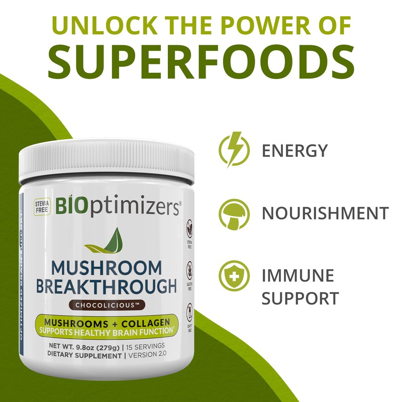 BiOptimizers Chocolicious Mushroom Breakthrough | Nootropic Supplement Blended Powder of