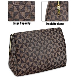 EVDIAGD Large Checkered Brown Makeup Bag,Retro Travel Leather Cosmetic Pouch for Women,Everything Cosmetic Bag,Mother's day Gift.