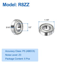 sourcing map 5pcs R8ZZ Deep Groove Ball Bearings 1/2" ID x 1-1/8" OD x 5/16" Height P5 Miniature Bearings Double Metal Shielded Chrome Steel Z3 Bearing for Engineering Machinery, Silver Tone