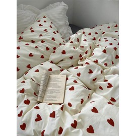 Nayoroom Bed Linen Cotton 135 x 200 cm Hearts Aesthetic Duvet Cover with Pillowcase 80 x 80 cm White with Red Hearts Bed Linen Set with Zip