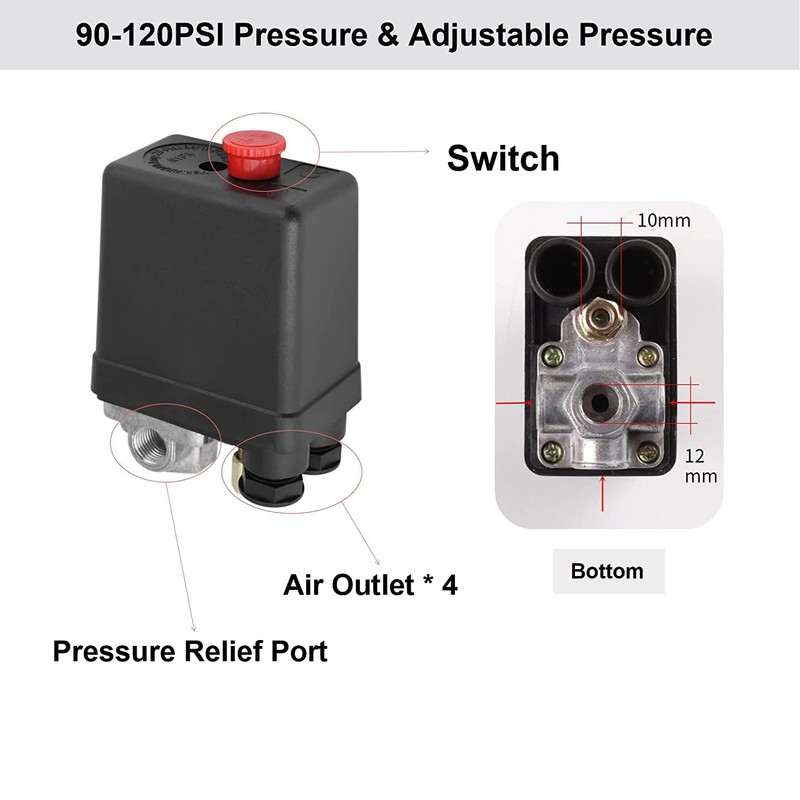 240V 20A 90-120175PSI Pressure Switch Air Compressor, 4 Hole Air