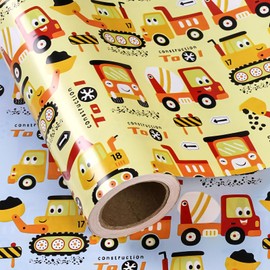 WRAPAHOLIC Reversible Construction Wrapping Paper - Mini Roll - 17 Inch x 33 Feet - Yellow and Blue Digger Tractor Truck Wrapping Paper for Kids Boys Birthday, Baby Shower