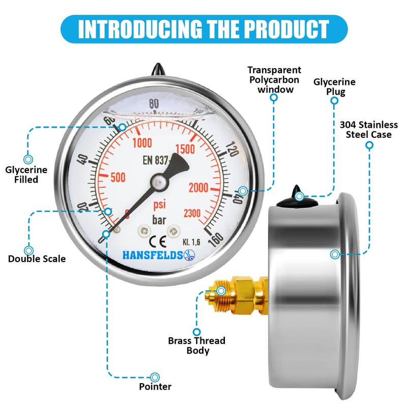 Hansfelds 0-160bar Pressure Gauge Liquid Filled 1/4'' BSP Back Mount