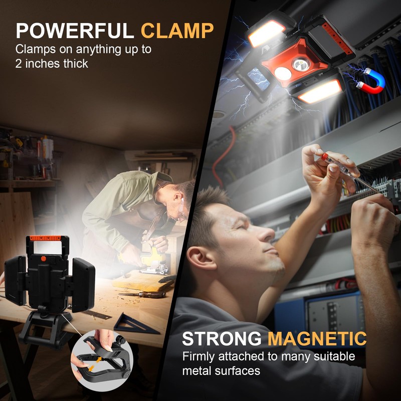 Tresda 4000LM LED Work Light Rechargeable with Clamp, 40W Magnetic