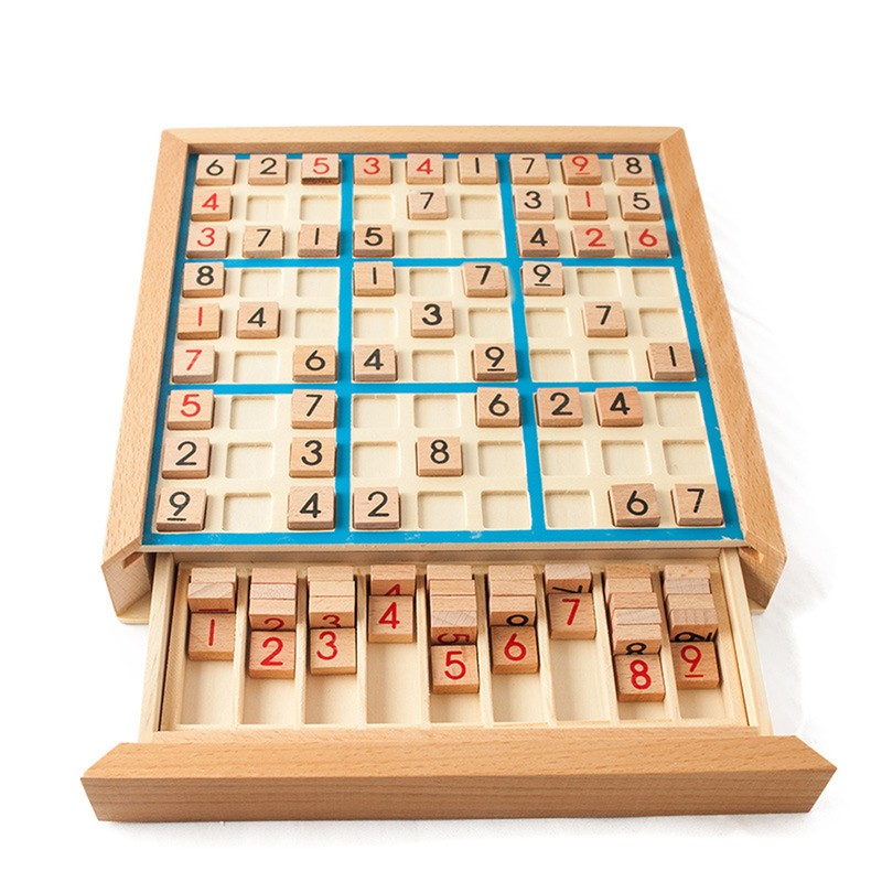 Wooden Sudoku Board Game with Drawer 81-Grid Chessboard Educational Puzzle