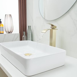 BWE Vessel Sink Faucet Brushed Gold Faucet for Bathroom Sink Tall Waterfall Bathroom Faucet Single Handle One Hole Vanity Sink Faucet with Pop-up Drain