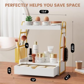 2 Tier Bathroom Counter Organizer with Drawer & Basket, Wooden Vanity Tray Countertop Shelf Accessories for Makeup Storage, Coffee Bar Station, Perfume Skincare, Kitchen, Bedroom (White & Gold)