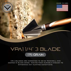 Vantage Point Archery VPA 1 1/4" 3 Blade 175 Grain 3-Blade Broadhead, Screw-in, 1045 Carbon Tool Steel 50-52 Rockwell, 3 Pack, Made in The USA