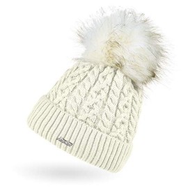 Neverless® Women's Knitted Hat Lined Fur Pompom Faux Fur Bobble Hat Cable Knit Pattern Envelope, 15578 cream