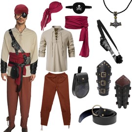 CARTLZ 11 Pcs Mens Pirate Costume - Renaissance Costume Men,Medieval Costume Viking Shirt Pants Headscarf Belt Pirate Accessories (M)
