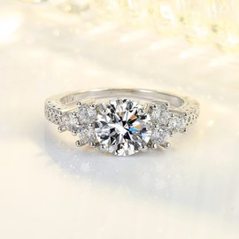 ZDIFDIC Women's Promise Ring Engagement Ring Radiant Cut 925 Sterling Silver Diamond Cubic Zirconia CZ 7-Stone Mossamite Ring Anniversary Wedding Ring Christmas Gift (7#)