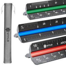 Stylo 12" Aluminum Architect Scale Ruler Laser Etched Triangle Drafting Ruler, Color Coded Grooves for Blueprint, Drafting and Drawing, Architectural Scale Ruler for Blueprints (Black, Imperial Units)