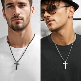 2 PCS Cross Necklace for Men，Silver Black Boys Cross Chain Stainless Steel Pendant Jewelry Gifts Box Crucifix Necklace 16-30 inches, 30 in, Stainless Steel, No Gemstone