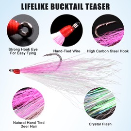 Fishing Bucktail Teaser Hooks,5pcs Saltwater Fishing Jig Teaser Lures with Carbon Steel Hooks Crystal Flash Flounder Rigs for Salmon Trout Sea Bass Steelhead