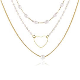 Locrccl Pearl Pendant Love Necklaces Layered Pearl Chain Necklace Square Rolo Chain Stacked Wear Dainty Handmade Cultured Pearl Pendant Necklaces for Women (A)