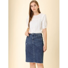 Allegra K Women's Denim Skirt Knee-Length High Waist Straight Skirt Ripped Hem Skirts, darkblue
