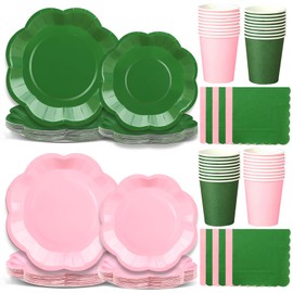260 Pcs Green And Pink Party Supplies - For 52 Guests Paper Plates And Napkins/Cups - Disposable Big Scalloped Dinner Party Set Cutlery - For Bbq Baby Shower Bridal Shower Wedding