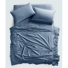 ELINEN Viscose Sheet Set - King Size, 100% Rayon Made from Bamboo, 4 Piece Set with Deep Pockets up to 18 Inches - Luxuriously Soft, Cooling, and Silky Sateen Weave - Marine Blue (King)