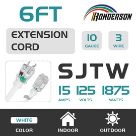 HONDERSON Indoor Outdoor Extension Cord Weatherproof with Lighted End, UL Listed, 10 Gauge 6FT White 3 Prong Heavy Duty Extension Cord, 10/3 SJTW 15A Power Extension Cord for Outdoor Lights, Lawn