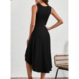 Happy Sailed Midi Dresses for Women 2024 Trendy Summer Sleeveless Crew Neck High Waist Pleated Ruched Waist Wedding Guest Cocktail Party Dress Black Medium
