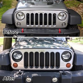 E-cowlboy Front Grille Mesh Inserts & Headlight Cover for 2007-2017 Jeep Wrangler JK JKU Unlimited Sport Rubicon Sahara Clip-in Grille Cover Guard Angry Bird Headlight Bezels Trim (Matte Black)