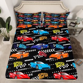 Race Car Fitted Sheet for Teens, Speed Sports Car Bedding Set Twin Size, Racing Car Bed Sheet for Kids Boys Adult Bedroom, Extreme Sport Automobile Fitted Bed Sheets 2 Pcs with 1 Pillow Case