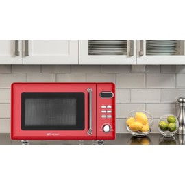 Emerson MWR7020RD Compact Countertop Microwave Oven with Button Control, LED Display, 700W 5 Power Levels, 8 Auto Menus, Glass Turntable and Child Safe Lock, 0.7, Retro Red